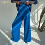 Clacive Blue Office Women’S Pants 2021 Fashion Loose Full Length Ladies Trousers Casual High Waist Wide Pants For Women