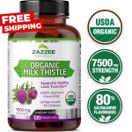 USDA Organic Milk Thistle 7500 mg Strength 120 Veggie Caps 80% Silymarin 30:1