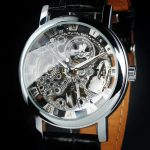 Mens Watch Business Silver Stainless Steel Case Skeleton Leather Analog Luxury