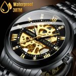 Luxury Men’s Stainless Steel Gold Tone Skeleton Automatic Mechanical Wrist Watch