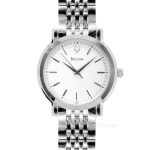 BULOVA Mens Thin Slim Dress Watch, White Dial Polished Stainless Steel Link Band