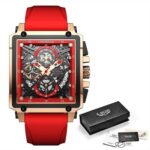 LIGE Men Watch Rectangle Sport Quartz Wristwatch Red Rubber Strap Males Watches