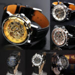 Men’s Skeleton Mechanical Wrist Watch Steampunk Luxury Black Leather Stainless