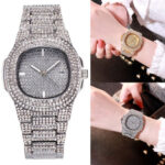 Men’s Luxury Iced Watch Bling Full Rhinestone Date Luminous Quartz Wristwatch