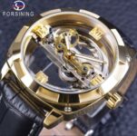 Forsining Mens Skeleton Mechanical Waterproof Luxury Watch Leather Hollow