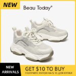 BeauToday Chunky Sneakers Women Mesh Leather Platform Shoes Mixed Colors Lace-Up Lady Trendy Trainers Thick Sole Handmade 29401