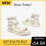 BeauToday Gladiator Sandals Women Calfskin  Genuine Leather Open Toe T-bar Strap Hook & Loop  Summer Ladies Shoes Handmade 07130