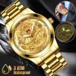 Men’s Watch Luxury Golden Dragon Dial Stainless Steel Quartz Luminous Wristwatch