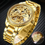 Men’s Automatic Mechanical Wrist Watch Stainless Steel Gold Tone Skeleton Luxury