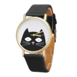 Cat Women Men Leather Band Analog Quartz Dial Wrist Watch Black