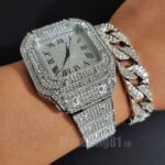 Men Square Watch Hip Hop Silver Simulated Diamond Full Iced Cuban Bracelet Gift