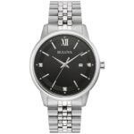 Bulova Men’s Quartz Silver Diamond Accent Marker Black Dial Watch 41MM 96D151