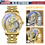 Luxury Men’s Stainless Steel Skeleton Gold Tone Automatic Mechanical Wrist Watch