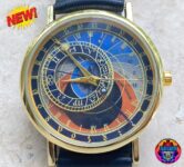 Prague Astronomical Tower Leather Watch Flat Earth Unisex Black Fine Wristwatch