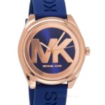 Michael Kors Womens Janelle Rose Gold Watch, MK Logo Dial, Blue Silicone Band