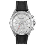 Bulova Men’s Quartz Chronograph Black Rubber Silver Dial Watch 43mm 96A213