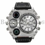 Military Men’s Dual Time Zone Multi-Dial Leather Band Quartz Analog Wrist Watch