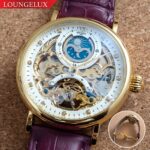 Mens Gold Dual Time Skeleton Automatic Mechanical Watch Dual Time Gift