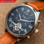 Mens Automatic Mechanical Watch Calendar Rose Gold Black Dial Orange Leather