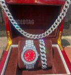 HIP HOP ICED TRENDY RED DIAL LAB DIAMOND WATCH, MIAMI CUBAN CHAIN & BRACELET SET