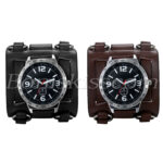 Men’s Wide Leather Strap Buckle Sport Quartz Decoration Wrist Watch Cuff Bangle