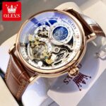 Mens Dual Time Automatic Mechanical Skeleton Watch Rose Gold Brown Leather