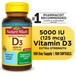 Extra Strength Vitamin D3 5000 IU (125 Mcg) Softgels, Dietary Supplement for Bon