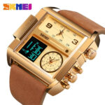 SKMEI Men Watch Large Dial Digital LED Qaurtz Sport Stopwatch Leather Wristwatch