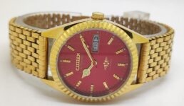 automatic citizen red dial day date gold plated bracelet japan men’s wrist watch