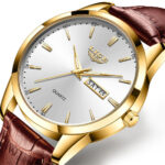 LIGE Men Gold Watch Casual Male Wristwatch Brown Leather Business Date Watches