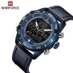 NAVIFORCE Men Leather Strap LED Waterproof Dual Display Digital Wrist Watch