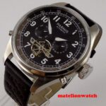 PARNIS 48mm Automatic Flywheel Men’s Watch Black dial day date learther strap