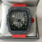 Men’s Quartz RM Style Skeleton Fashion Watch Black Carbon / Red Silicone Strap.