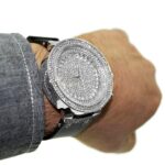 Mens Hip Hop Iced Watch Big Round CZ Silver Tone Black Band  (CLOSEOUT SALE!)