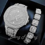 MEN’S HIP HOP SILVER PLATED ALLOY WATCH & ICED CUBIC ZIRCONIA BLING BRACELET