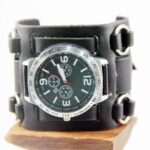 Black Wide Leather Punk Style Watch Three Leather Straps Men’s Cuff Wristwatch