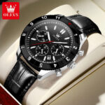 Auto Date OLEVS Men Watch Waterproof Luminous Leather Strap Chronograph 24 Hour