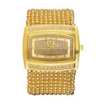 Women’s Luxury Gold Plated Square Quartz Wrist Watch Wide Beaded Bangle Bracelet