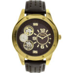 Gruen  Men’s Round Polished Gold Case Semi-Automatic Watch Genuine Brown Leather