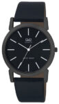 Q&Q $115 MENS CLASSIC BLACK,BLACK DIAL BLACK LEATHER STRAP WATCH WATER RESISTANT