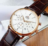 Orient Chronograph Rose Gold Tone Silver Dial Leather Band Watch RA-KV0403S10B