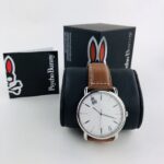 Psycho Bunny Men’s Classic Brown Leather Band White Dial Quartz Watch (O1)