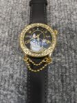 Lunch At The Ritz Watch Cat Face Charm Black Leather Band Working New Battery