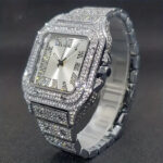 Men’s Watch Luxury Iced Silver Simulated Diamond Square Bracelet Metal Dress Icy