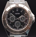 Vtg NAUTICA Day Date 40mm Mens Watch Black Dial Stainless NEW BATTERY