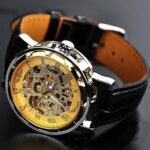 Classic Men’s Gold Dial Skeleton Black Leather Mechanical Sport Army Wrist Watch