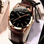 Men New Quartz Watch Casual Work Brown Leather Band Analog Stainless Watch Gift