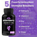 Elderberry contains 5000 IU of zinc, vitamin C, D3, and 60 capsules of ginger