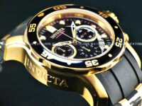 Invicta Men 48mm PRO DIVER SCUBA Chronograph BLACK Dial 18K Gold Plated SS Watch