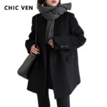 CHIC VEN Women Wool Blend Coat Solid Mid Long Woolen Blazer Thick Warm Blouse Women’s Overcoat Office Lady Tops Autumn Winter